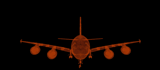 Rotating wide-body aircraft digital model shown through a complete 360-degree view
