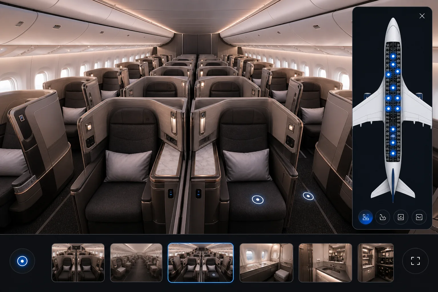 A350 aircraft virtual tour feature graphic with interactive cabin navigation