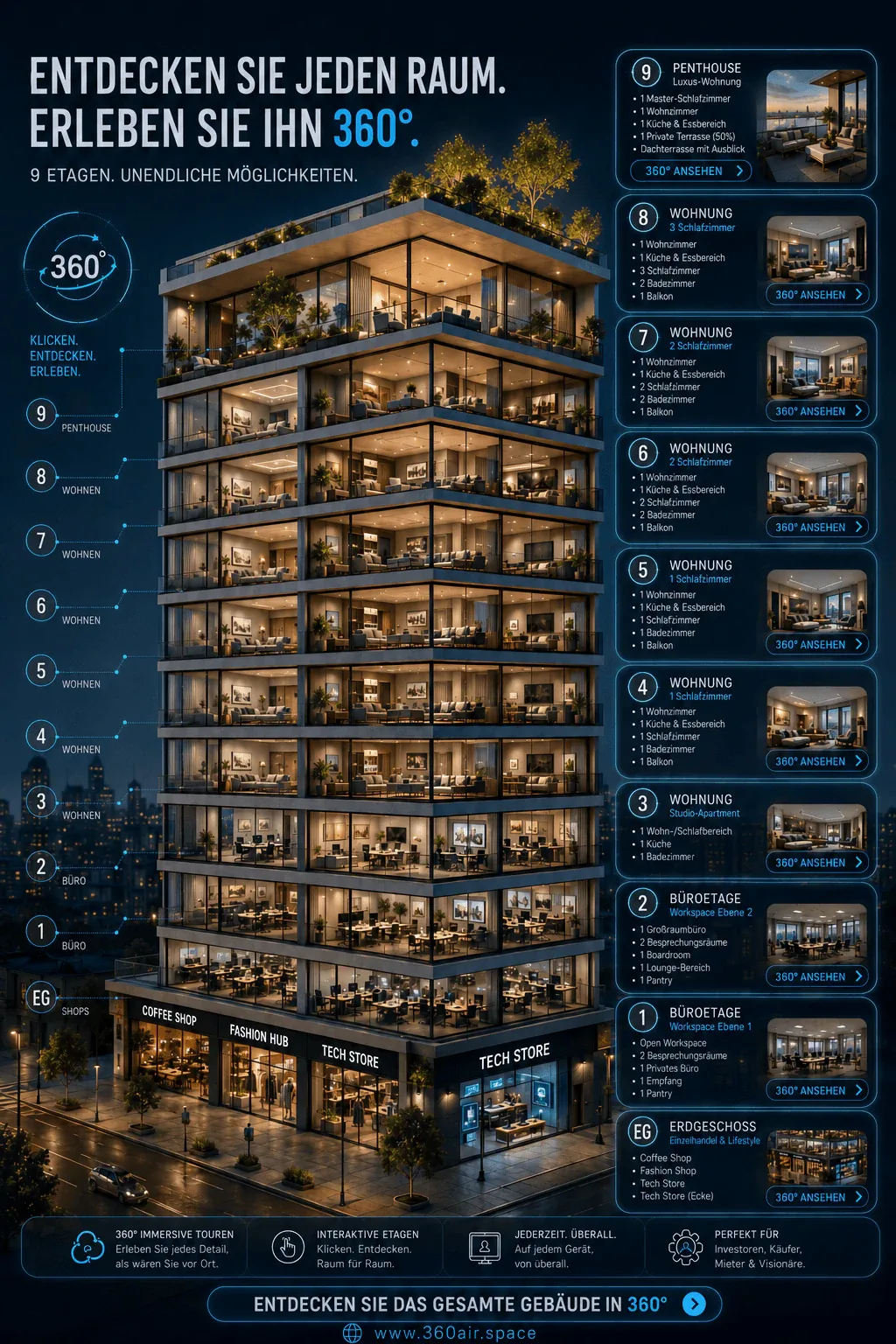 360°-Virtual-Tour für gemischt genutzte Immobilien mit Büros, Shops und Apartments