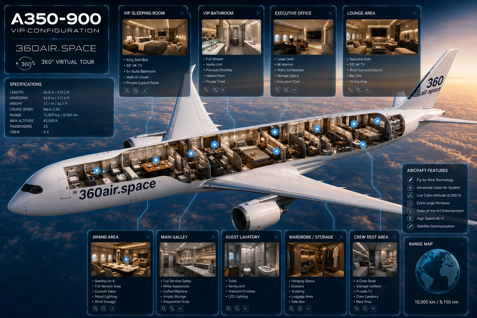 A350-900 VIP configuration digital aircraft cabin visualization for VIP aircraft virtual tours,…