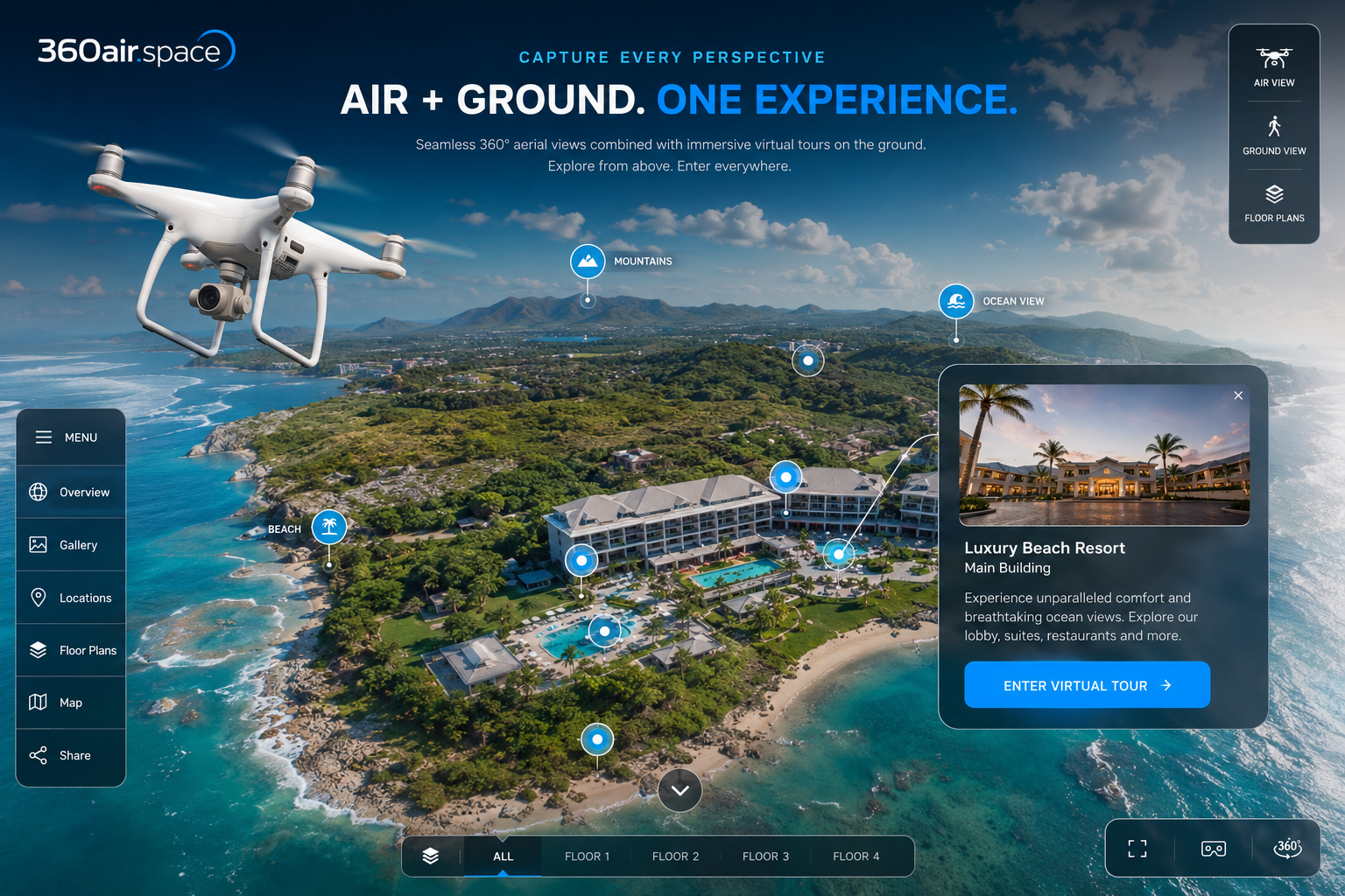 Drone-based 360° virtual tour interface showing aerial views, interactive hotspots, floor-level…