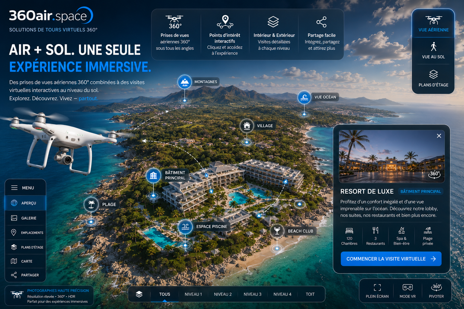 Interface de visite virtuelle 360° par drone montrant des vues aériennes, des points interactifs…