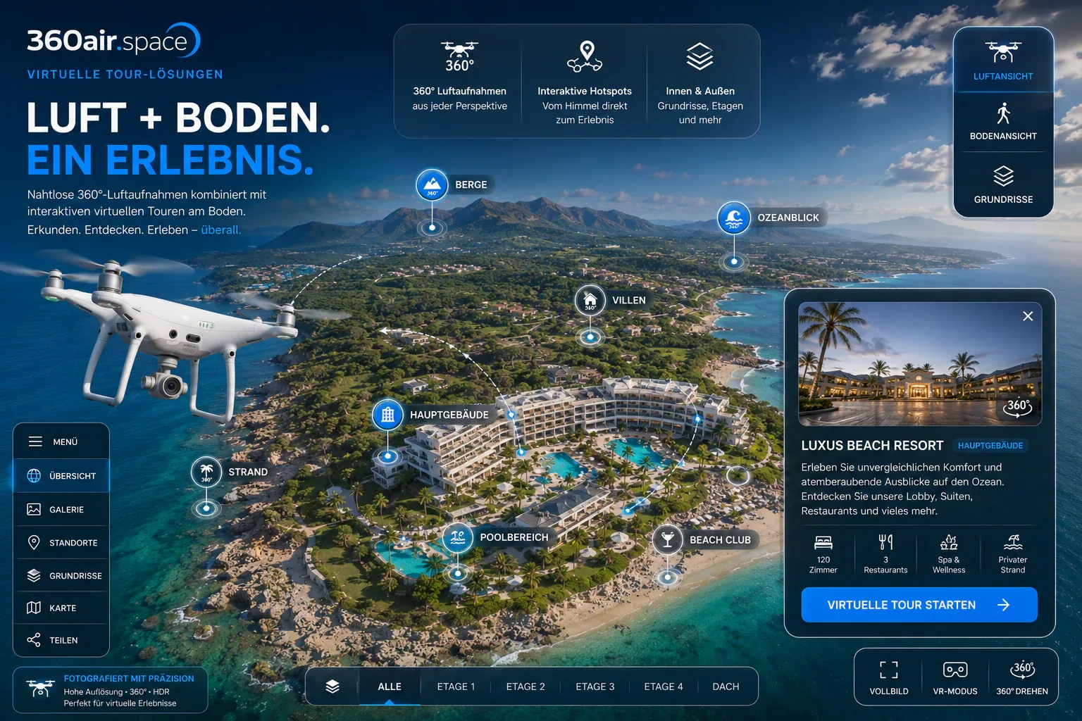 Drohnenbasierte 360°-Virtual-Tour-Oberfläche mit Luftansichten, interaktiven Hotspots, Etagen-Na…