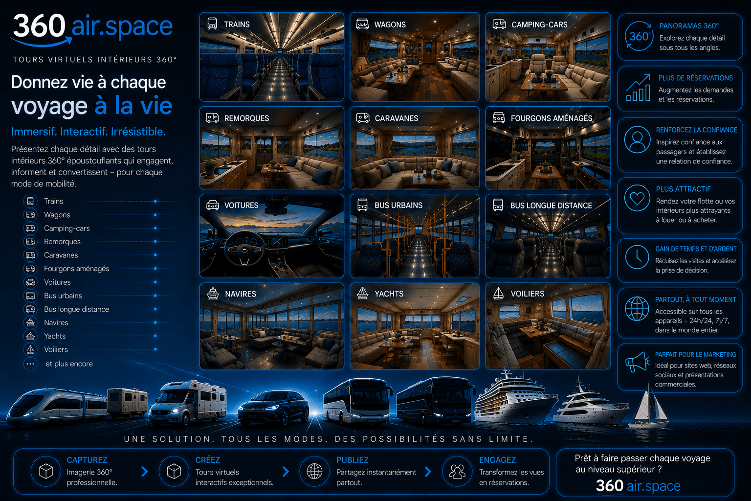 Visite virtuelle 360° pour intérieurs mobilité comme trains, camping-cars, bus, navires et yachts