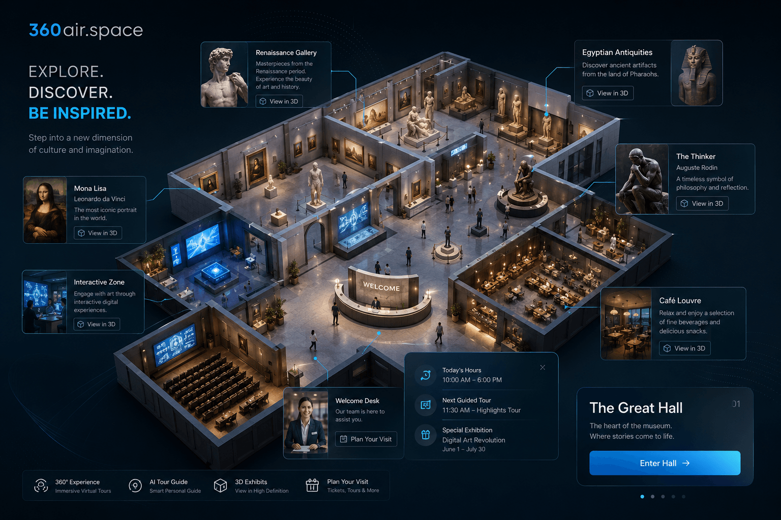 Futuristic 360° virtual museum tour with interactive galleries, sculptures, digital screens, wel…