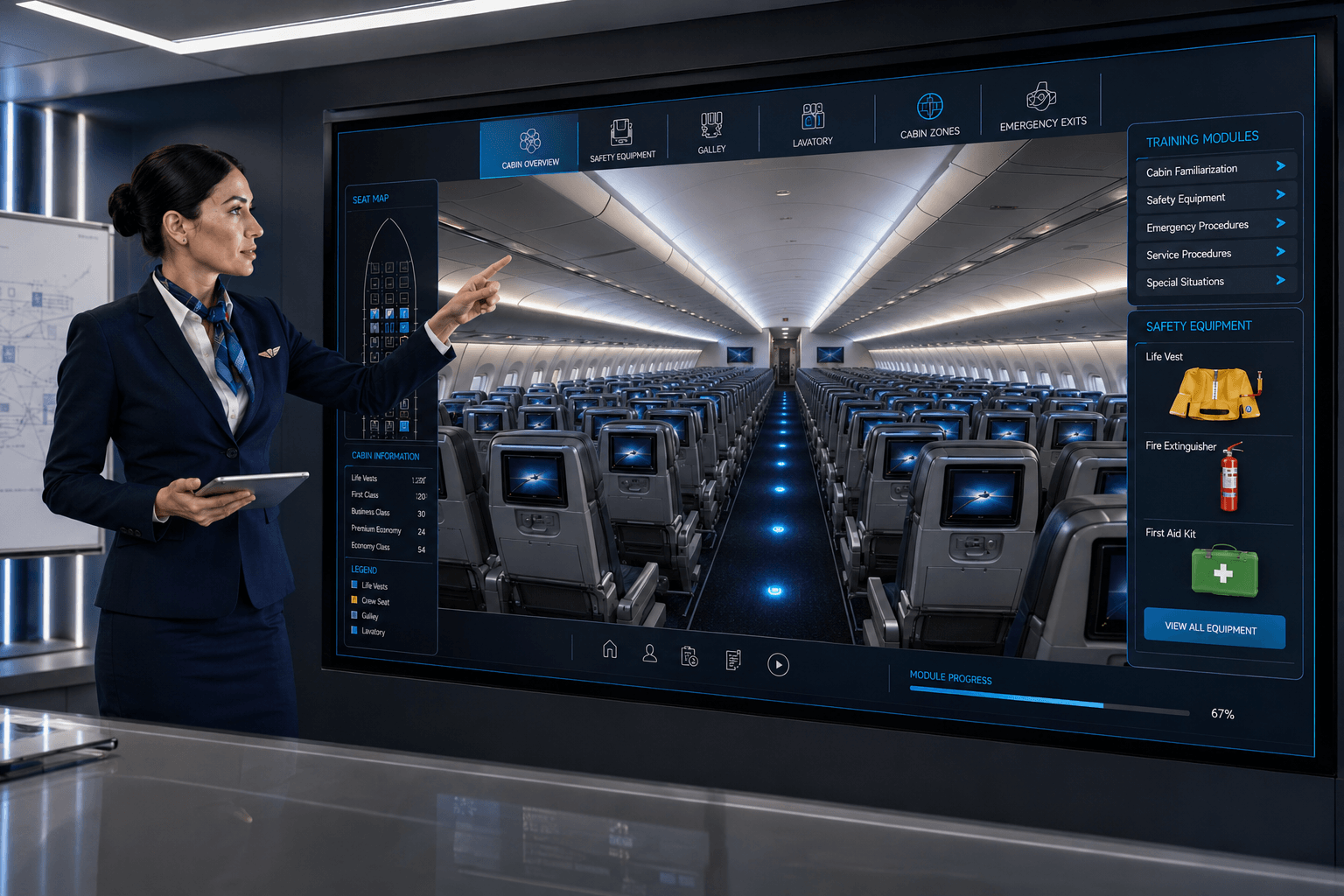 Aircraft cabin training solution showing a cabin crew trainer in front of an interactive aircraf…