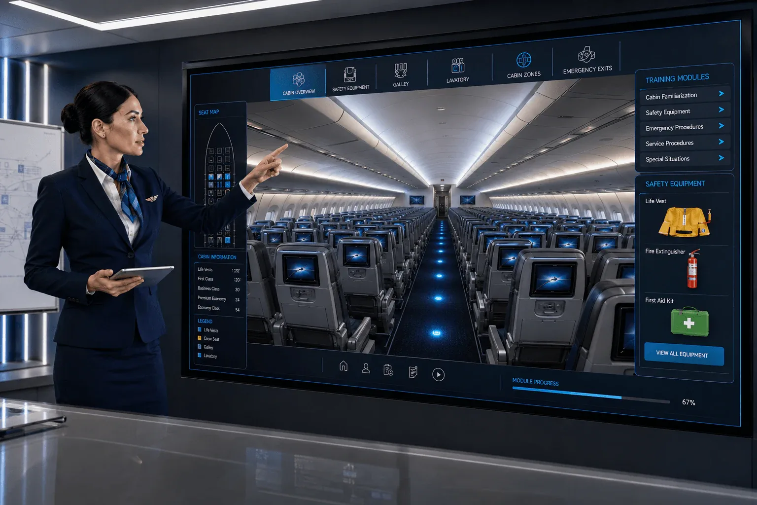Aircraft cabin training solutions with digital cabin familiarization and training interface