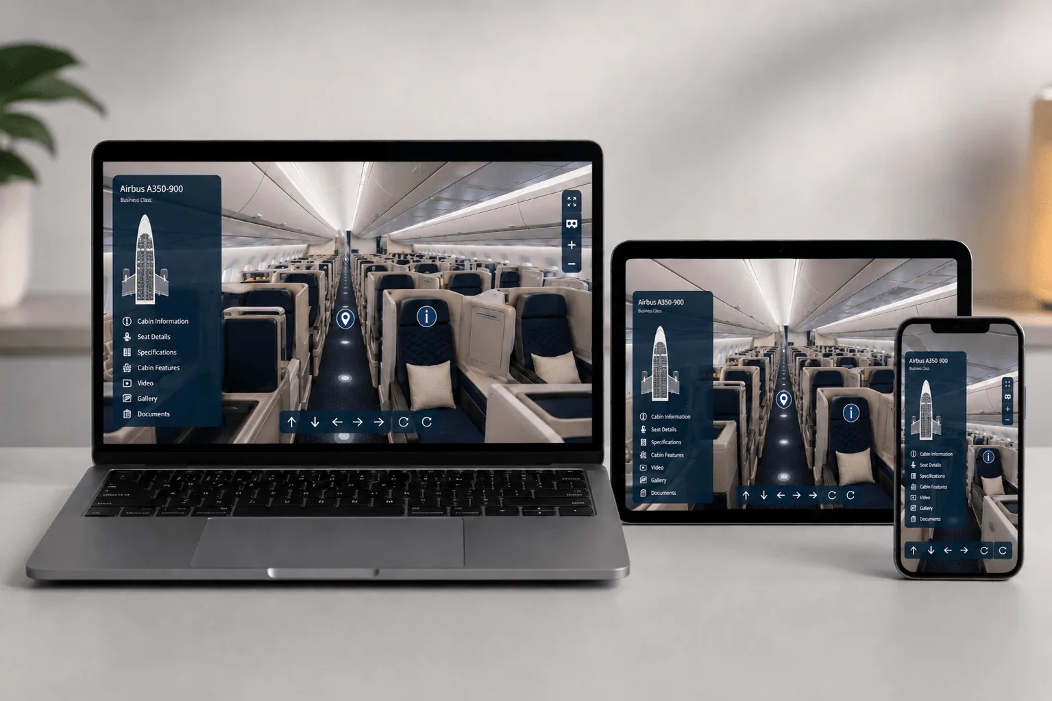 Aircraft cabin digital twin displayed on laptop, tablet and smartphone for online and offline av…