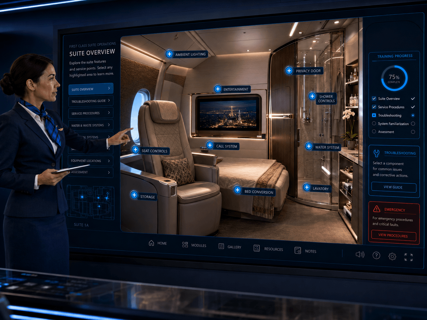 First class suite training module showing a luxury aircraft suite with seat, bed, shower area an…