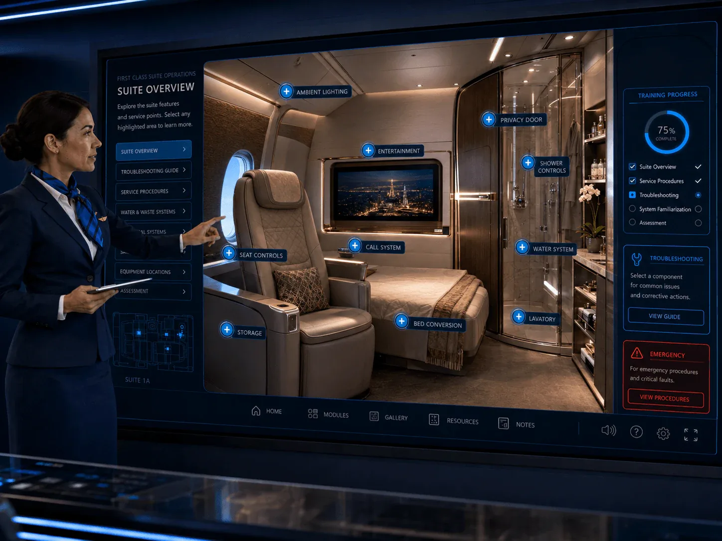 First class suite training module showing a luxury aircraft suite with seat, bed, shower area an…