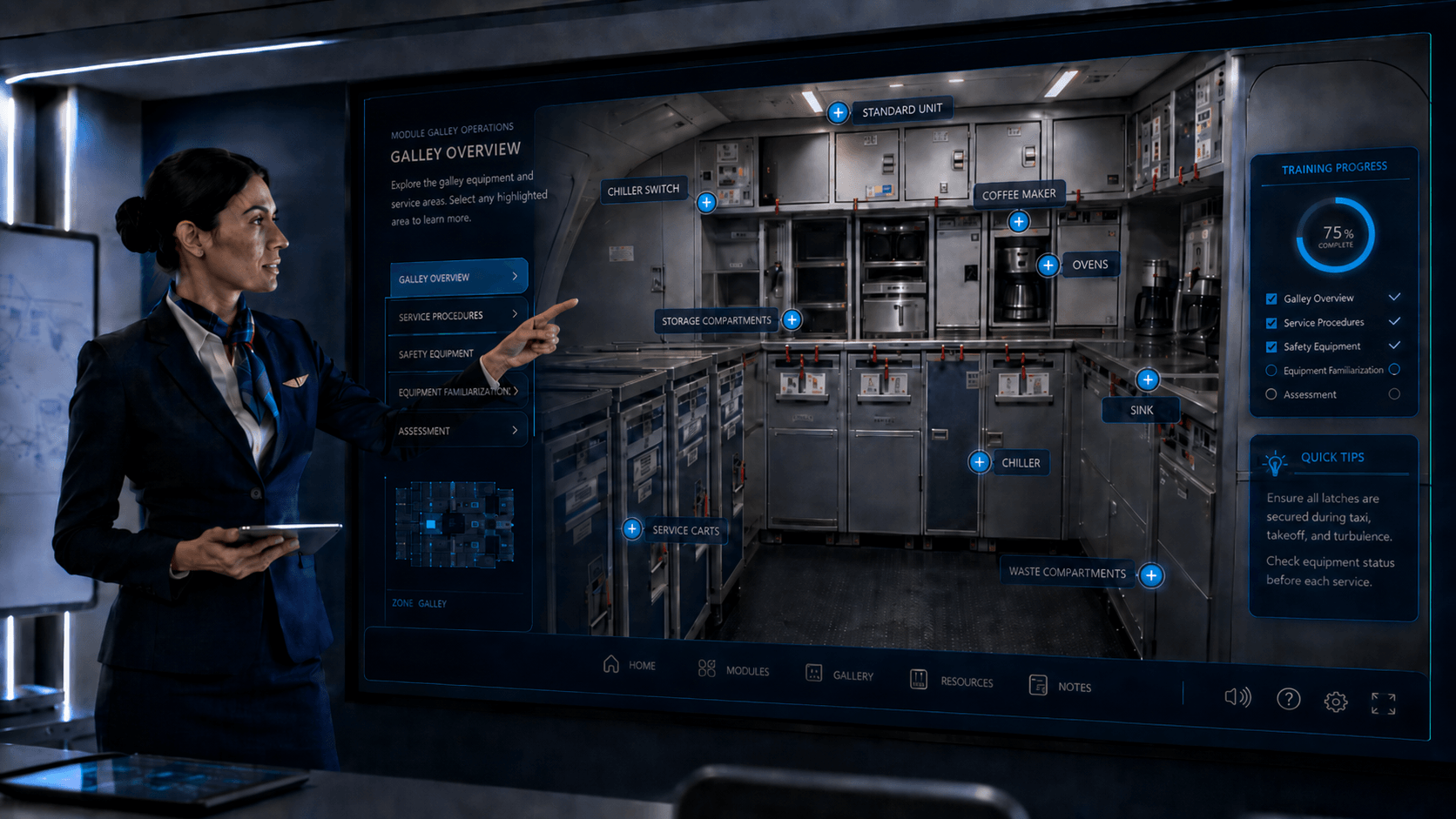 Aircraft galley training module showing an interactive galley area with hotspots for ovens, coff…
