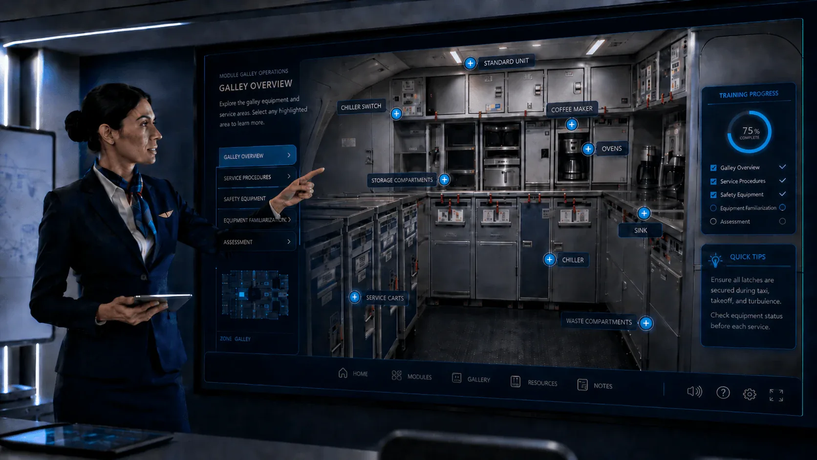 Aircraft galley training module showing an interactive galley area with hotspots for ovens, coff…