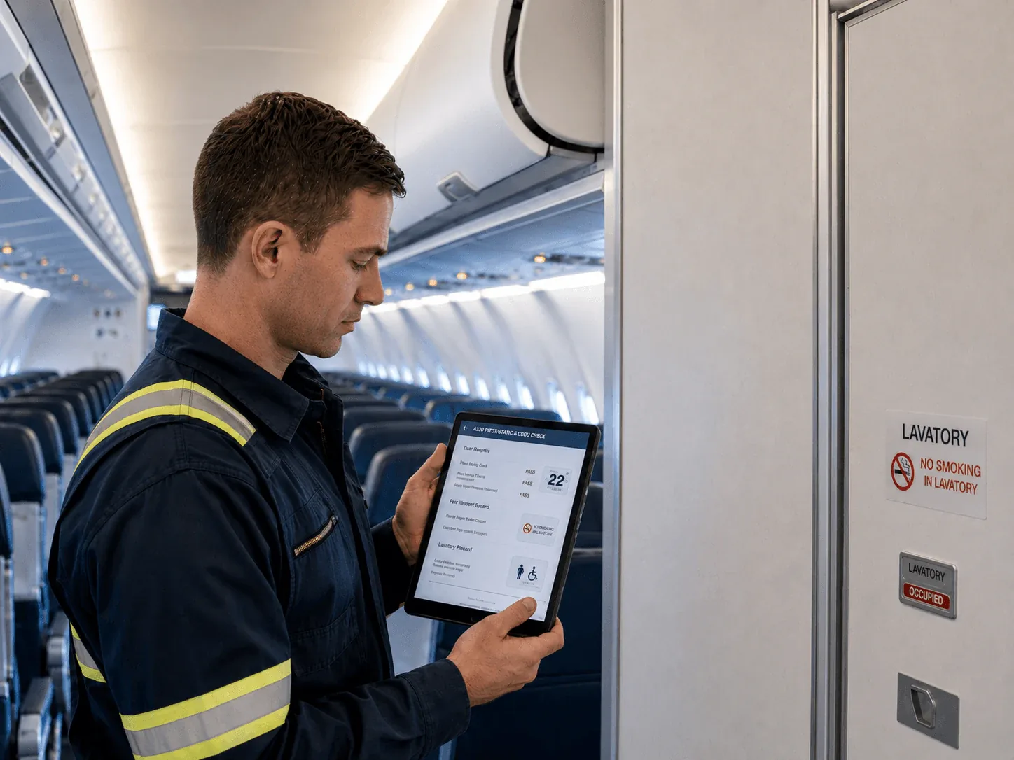 Aircraft interior placard check with technician using a tablet to inspect lavatory placards and…