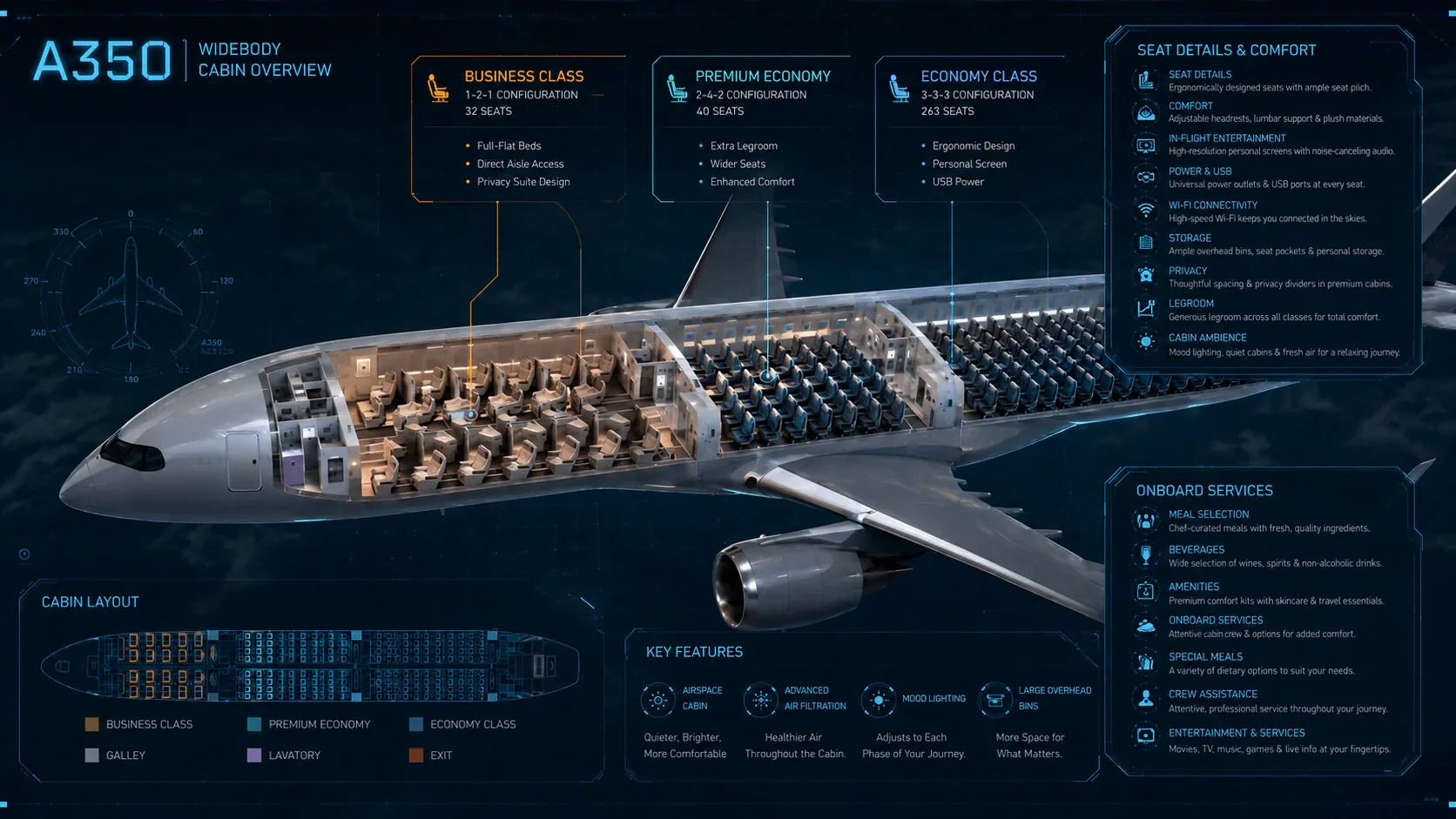 A350 aircraft cabin overview with visible business class, premium economy and economy seating ar…