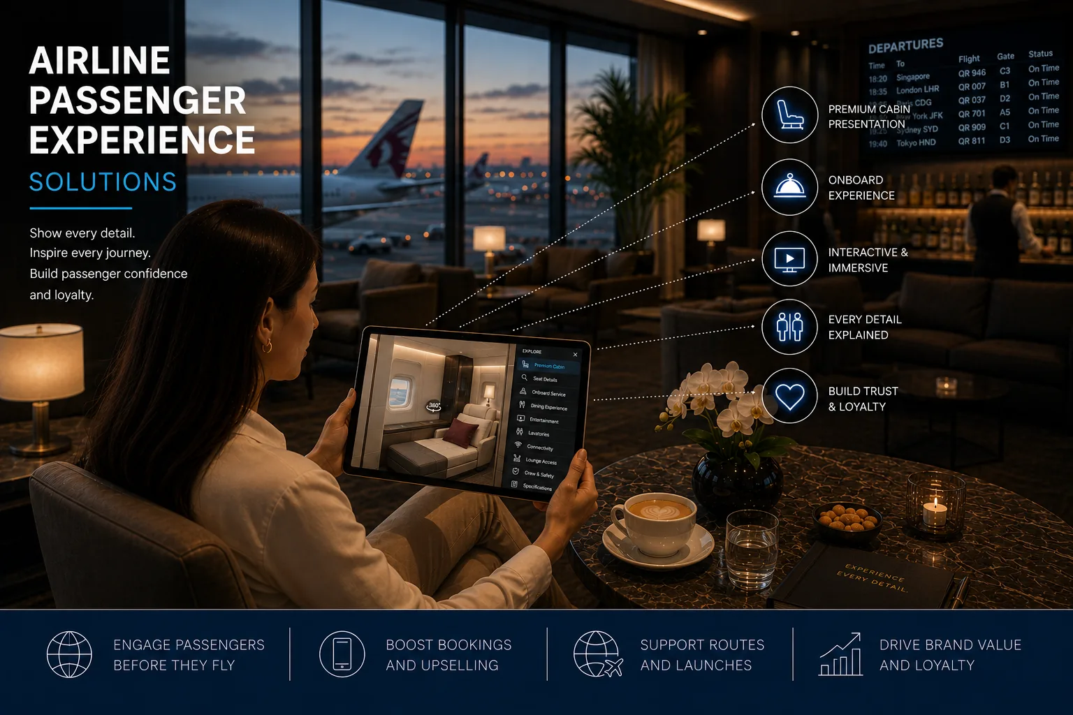 Airline passenger experience solutions with aircraft cabin virtual tour and premium passenger pr…