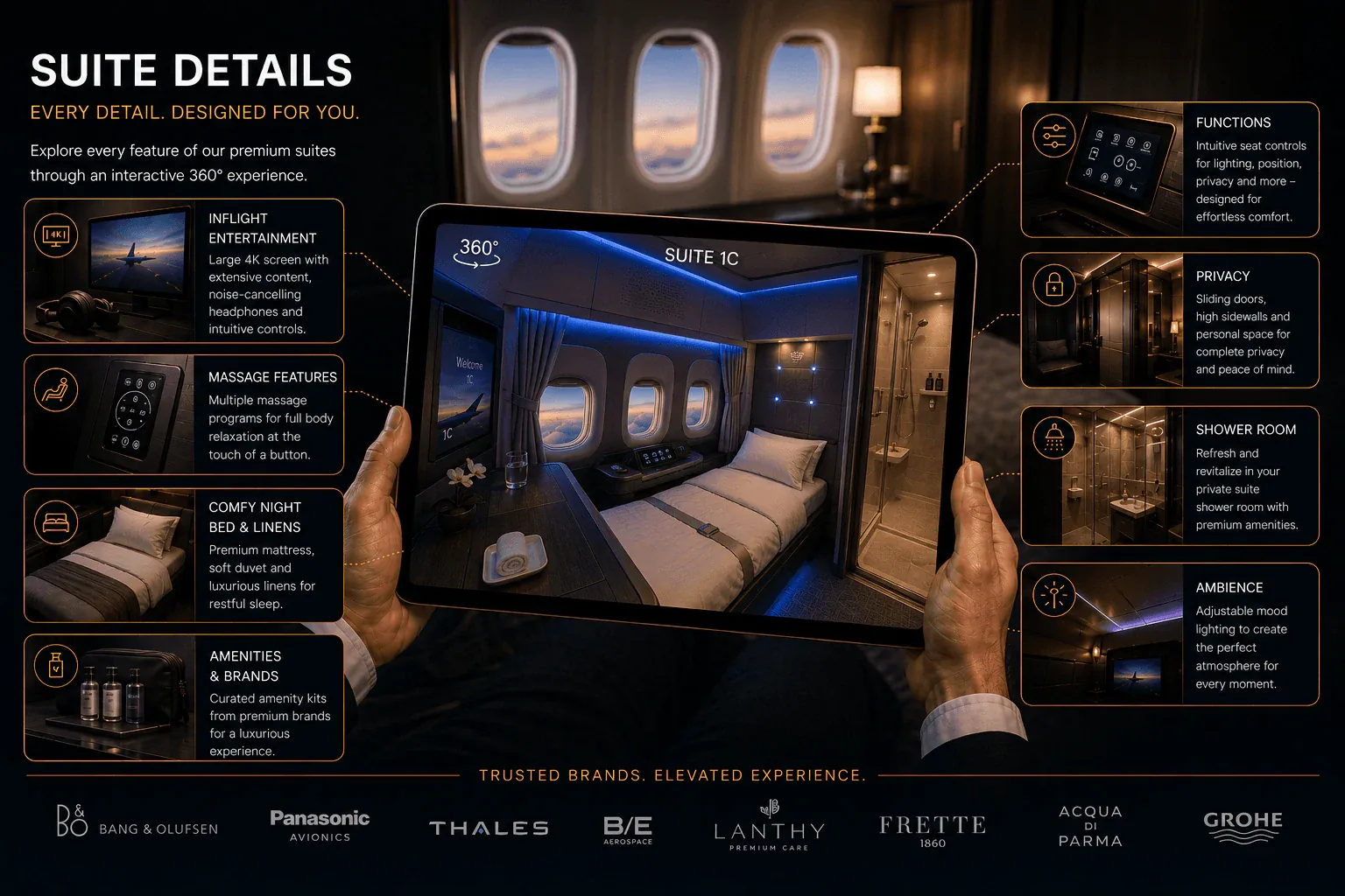 First class airline suite details with single bed, privacy, shower room, inflight entertainment…