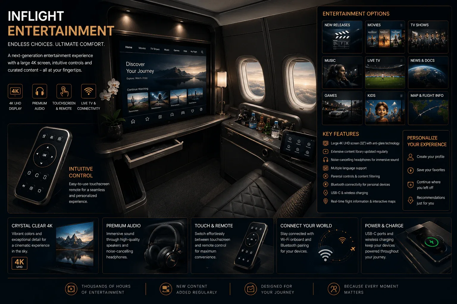 Inflight entertainment system in a first class airline suite with large screen, movies, live TV,…
