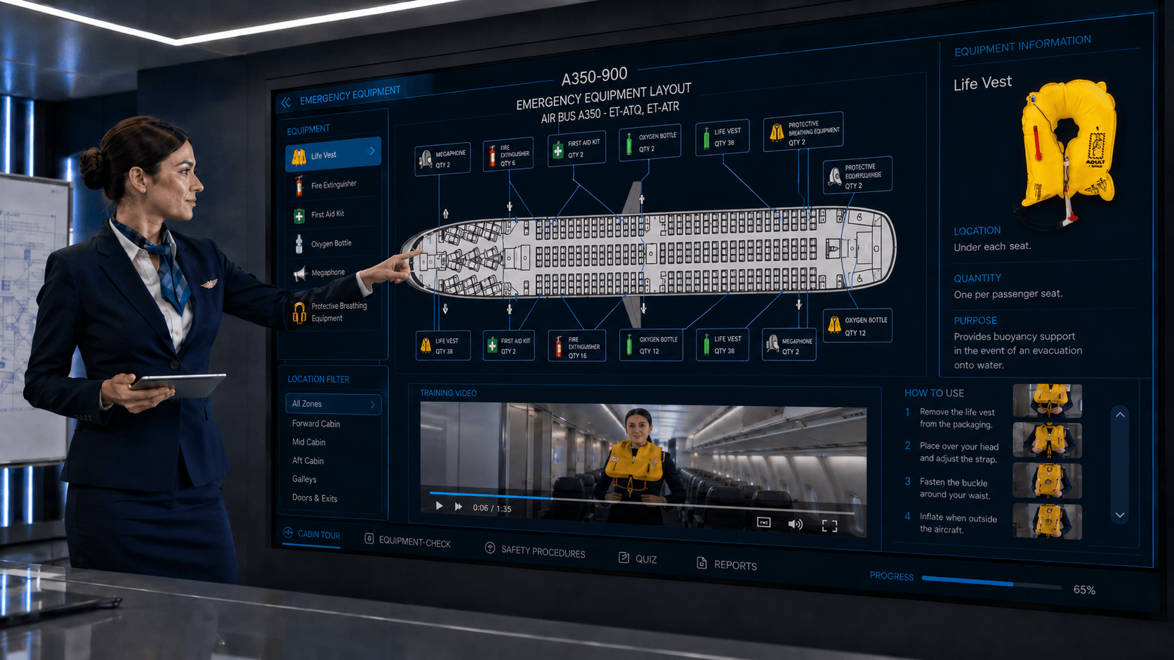 Aircraft emergency equipment location training screen showing an A350 equipment layout, life ves…