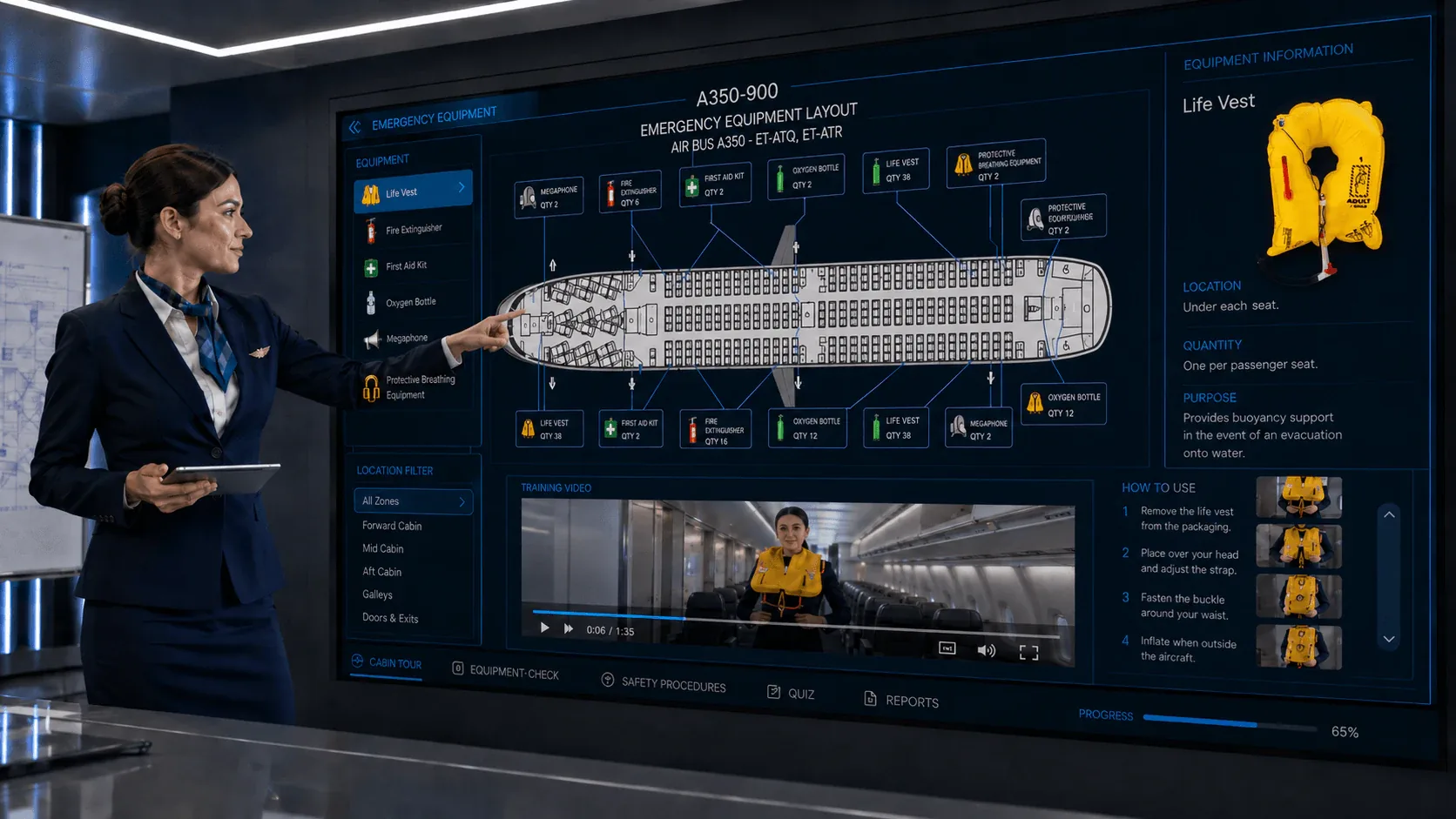 Aircraft emergency equipment location training screen showing an A350 equipment layout, life ves…