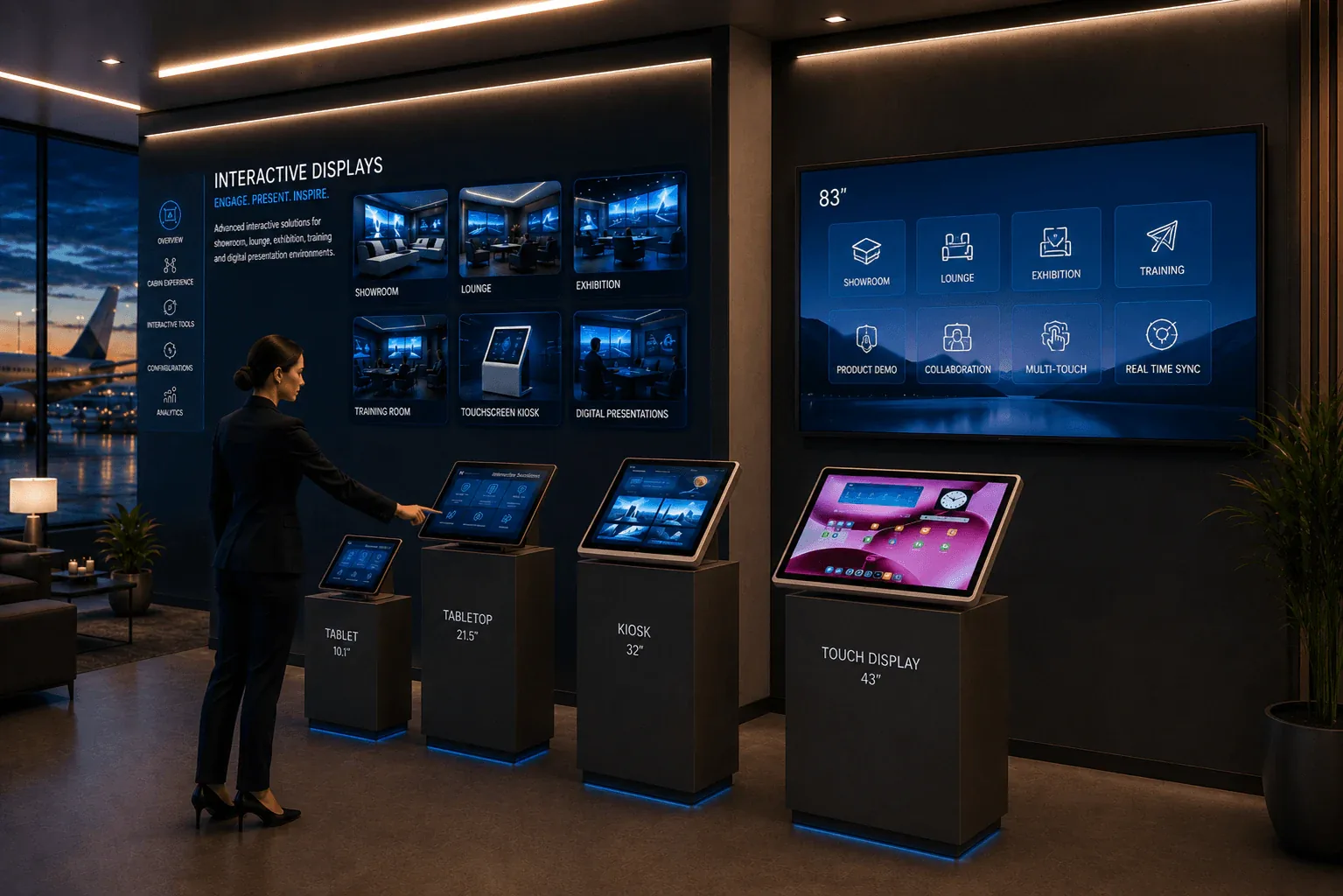 Interactive aviation display solution for aircraft virtual tours and digital cabin presentations