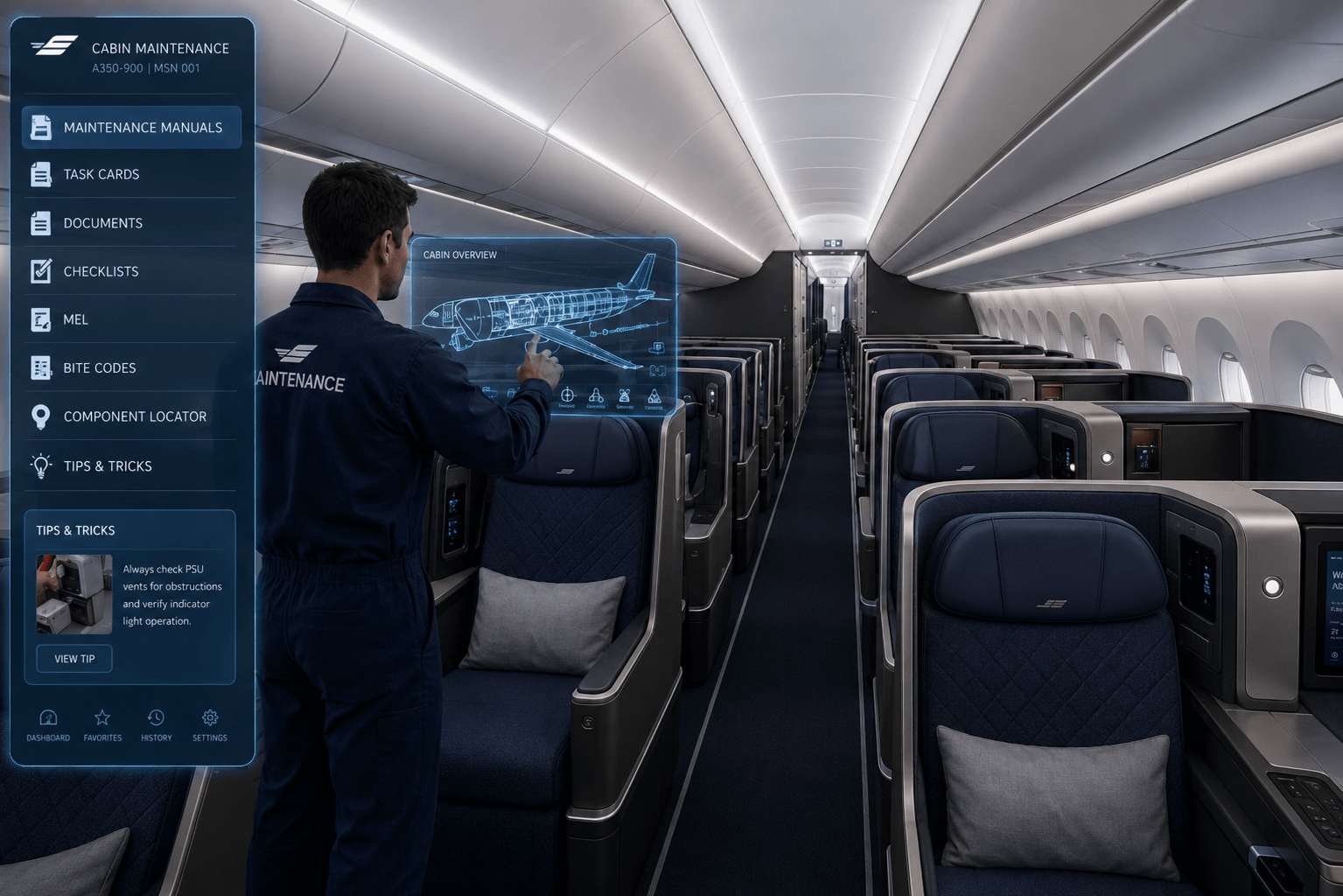 Aircraft cabin maintenance information tour showing a technician in a business class cabin with…