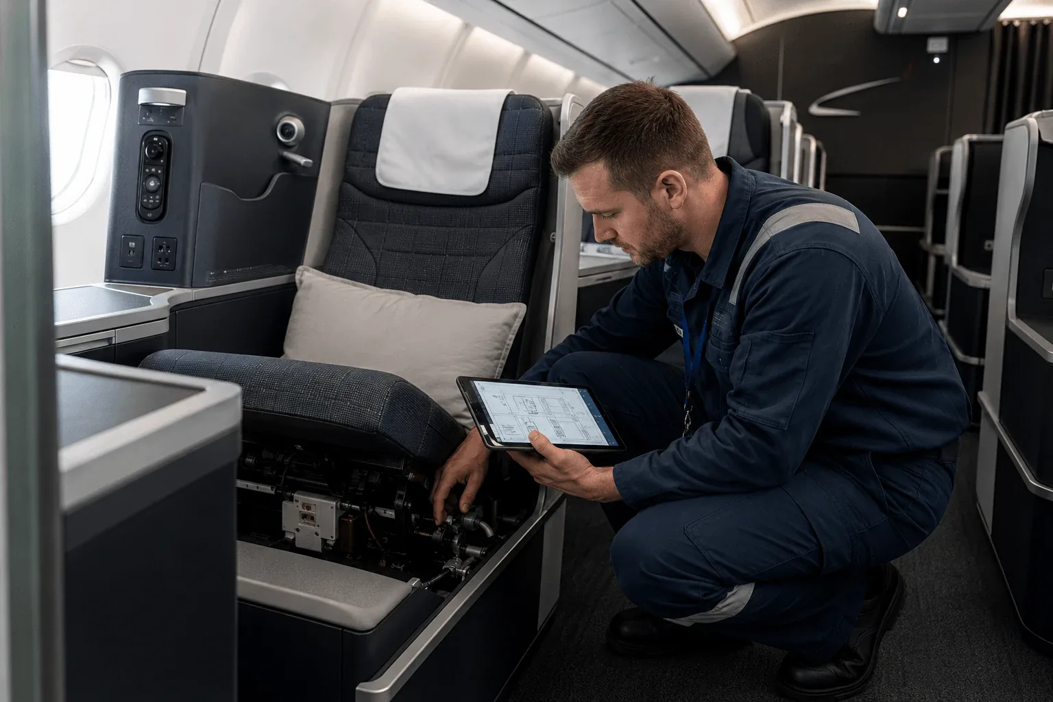 Aircraft seat maintenance support showing a technician working on a business class lie-flat seat…