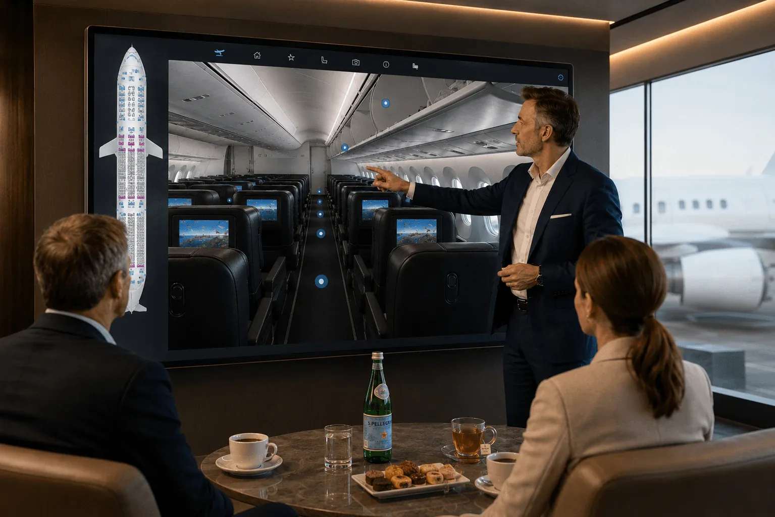 Premium aircraft sales and leasing presentation showing aviation clients reviewing a digital air…