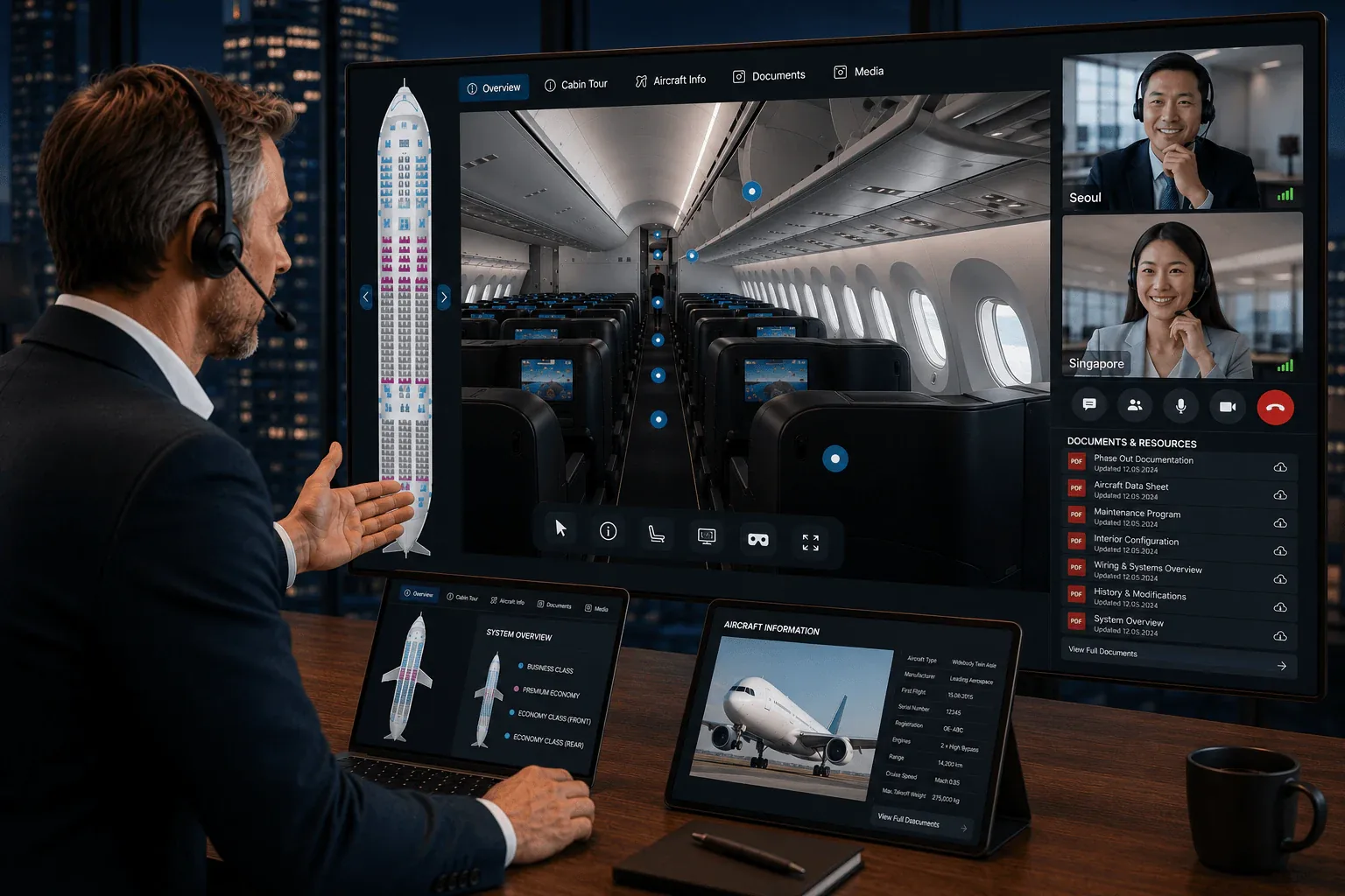 Aircraft cabin virtual tour presentation for aircraft leasing companies and remote aviation sale…