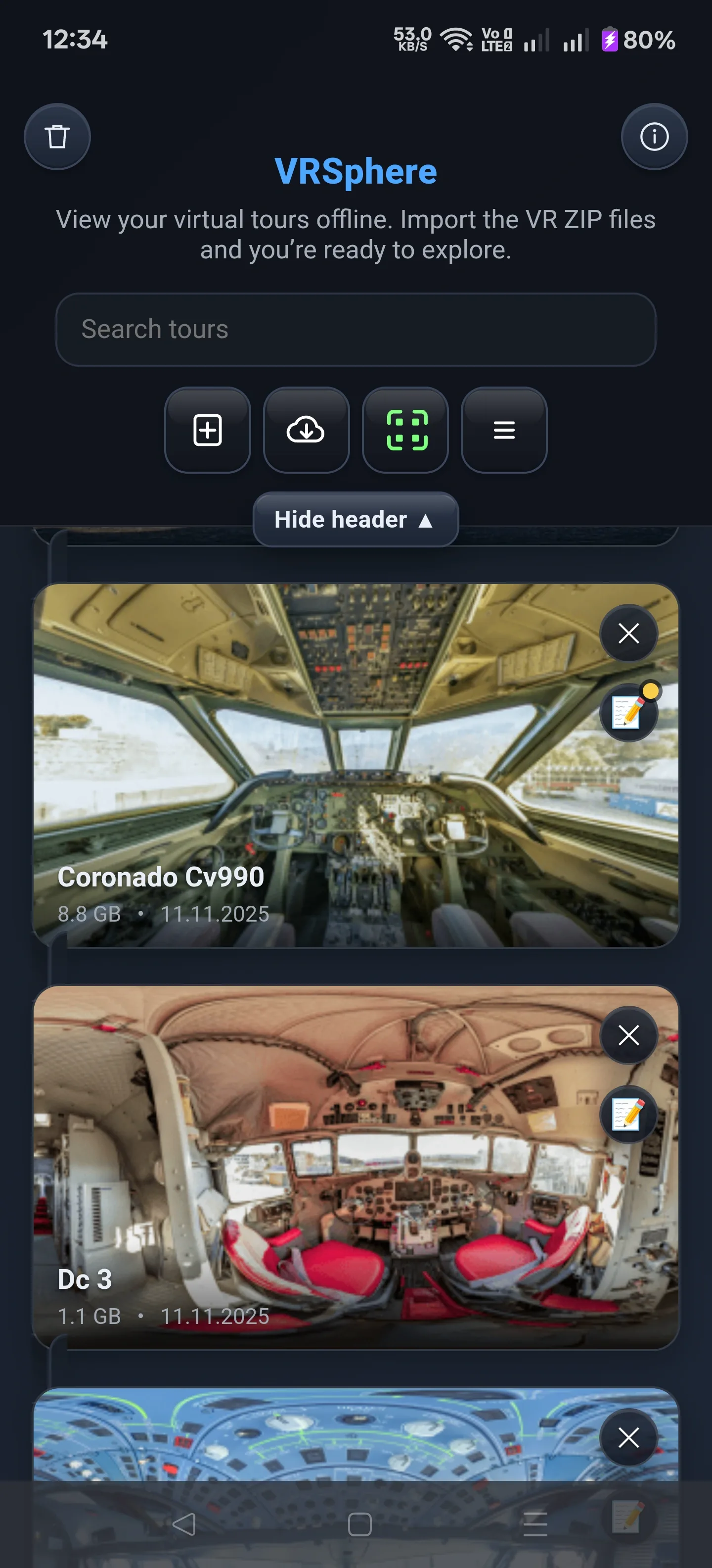 VRSphere Hauptbildschirm mit Rundgangsliste und Suchleiste