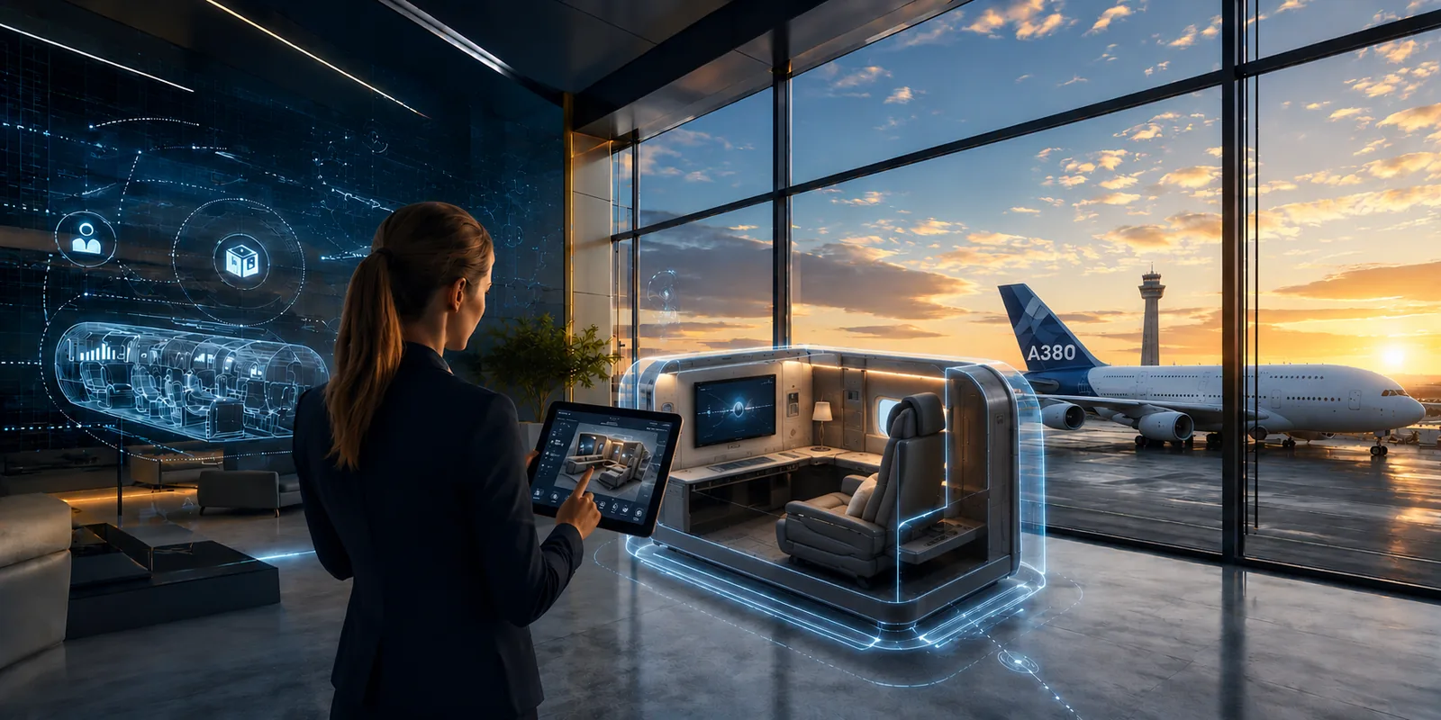Digital aviation specialist exploring an aircraft first-class suite beside an Airbus A380
