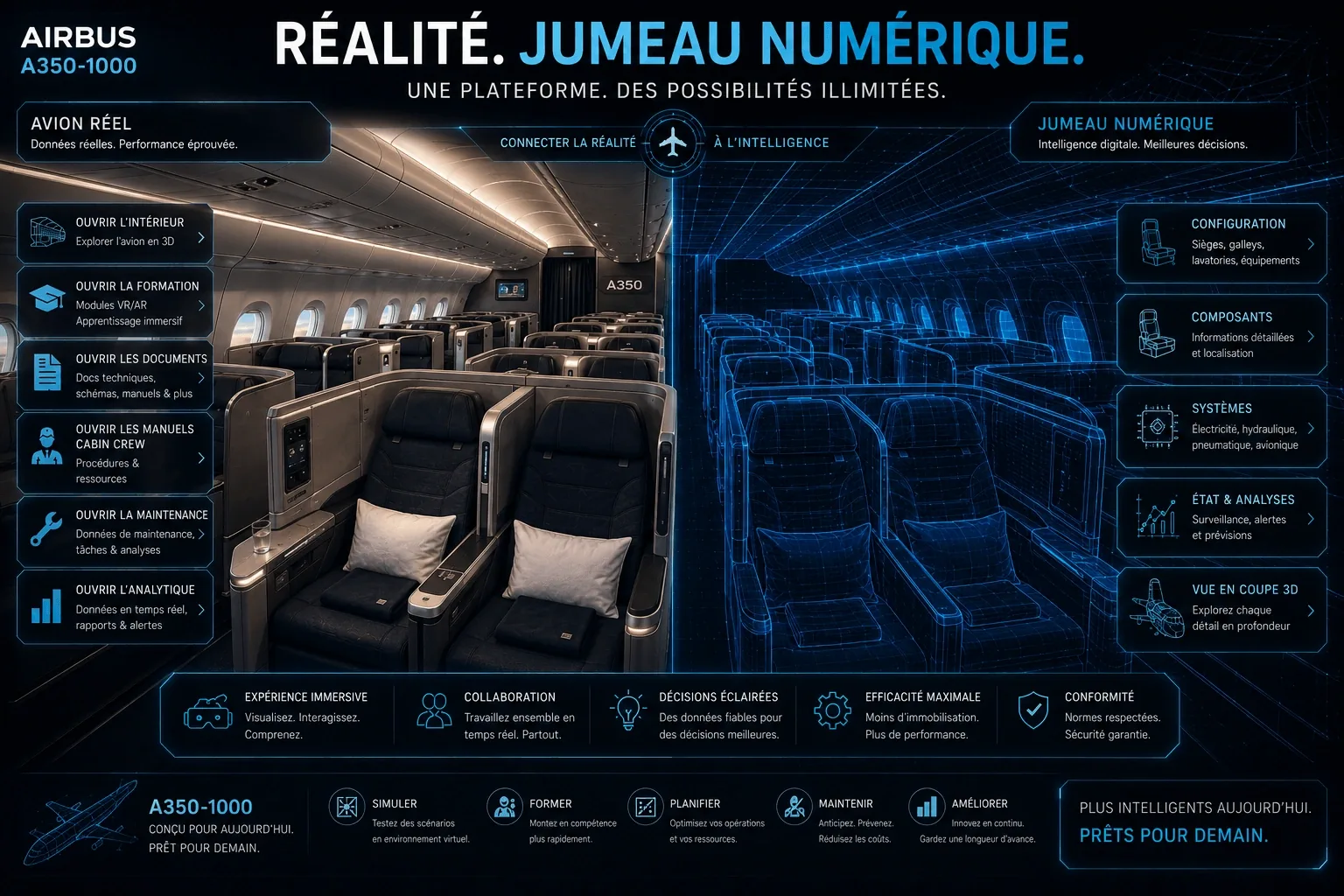 Cabine de classe affaires présentée à côté d’une interface interactive de jumeau numérique de cabine