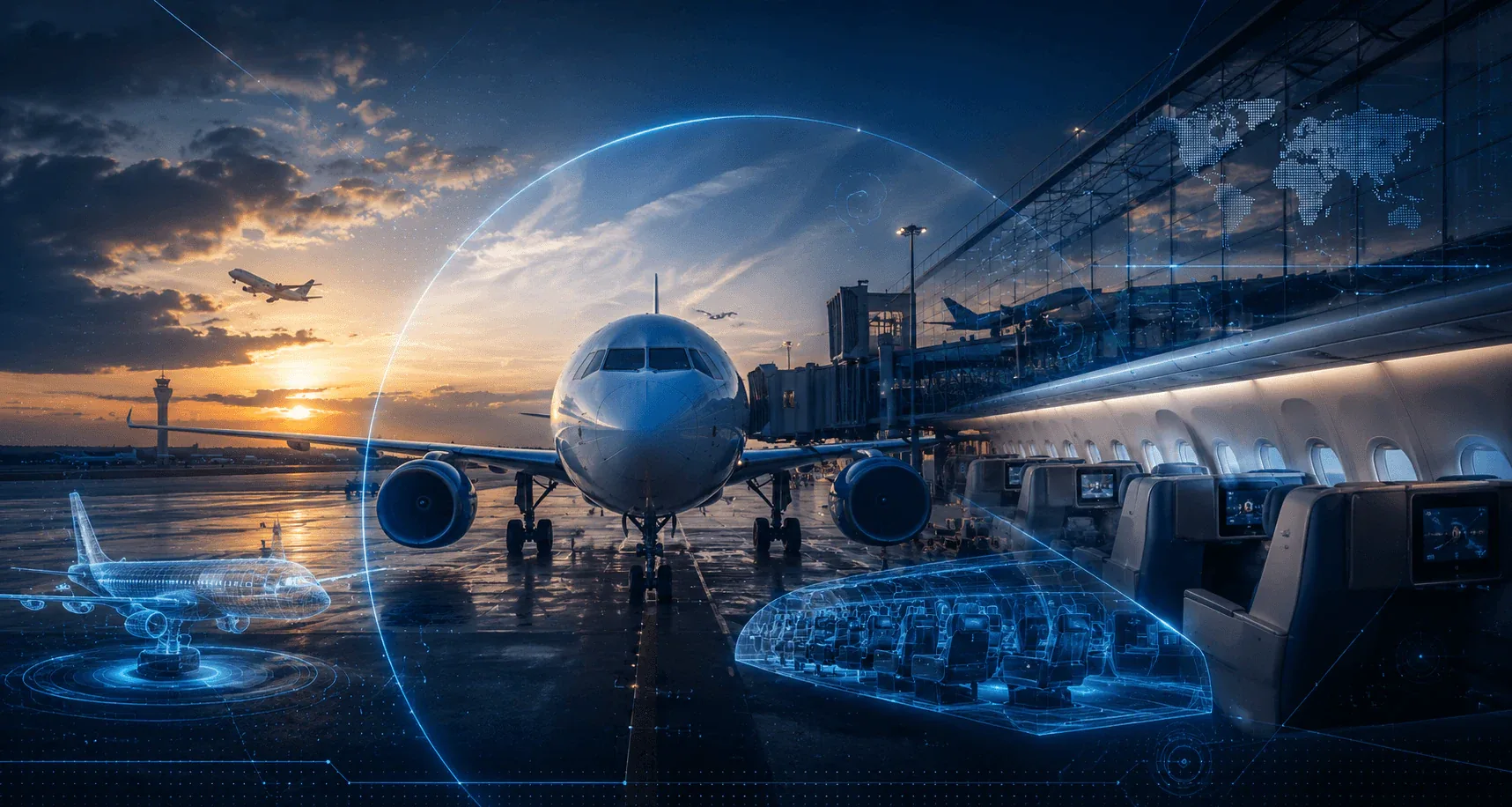 Aircraft at an airport with a digital cabin twin and interactive aviation technology overlays