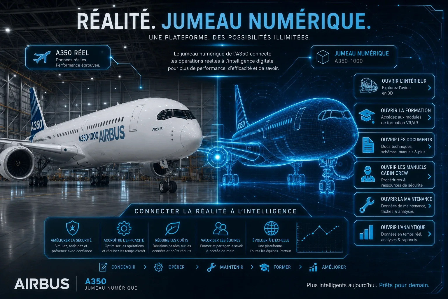 Interface de jumeau numérique montrant un avion gros-porteur réel et son double numérique interactif