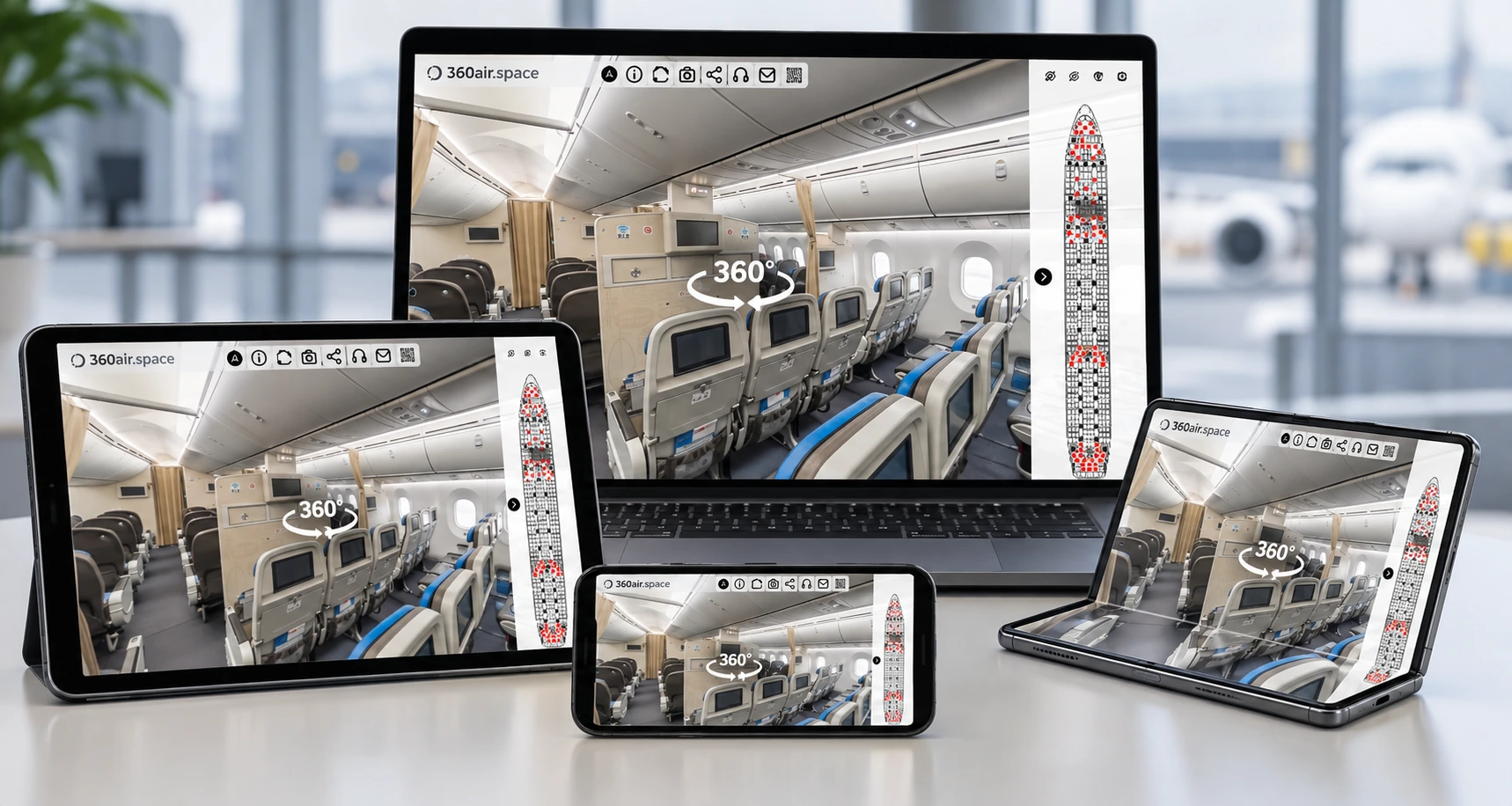 Aircraft interior virtual tour displayed across notebook, tablet, mobile and foldable devices.